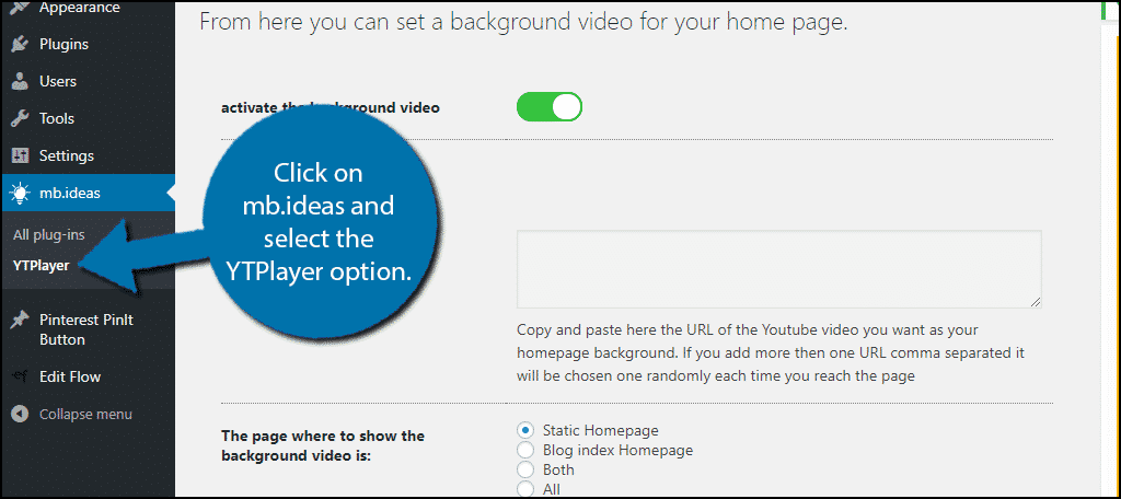 Click on mb.ideas and select the YTPlayer option.