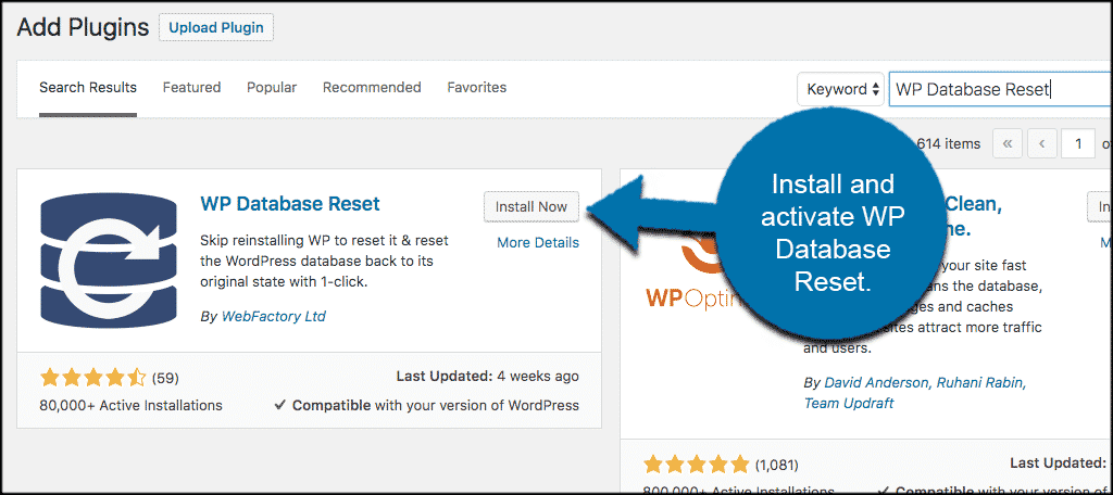 Install and activate wp database reset plugin