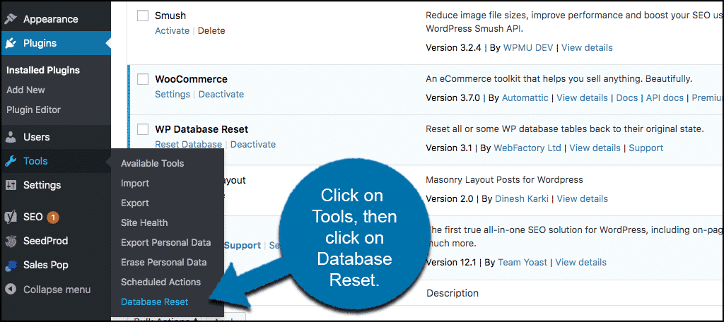 Reset Database Tools in WordPress