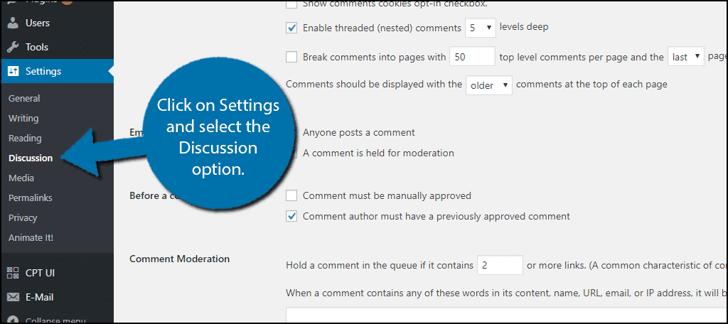 Click on Settings and select the Discussion option.