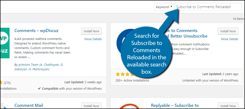 Busque Subscribe to Comments Reloaded en el cuadro de búsqueda disponible.