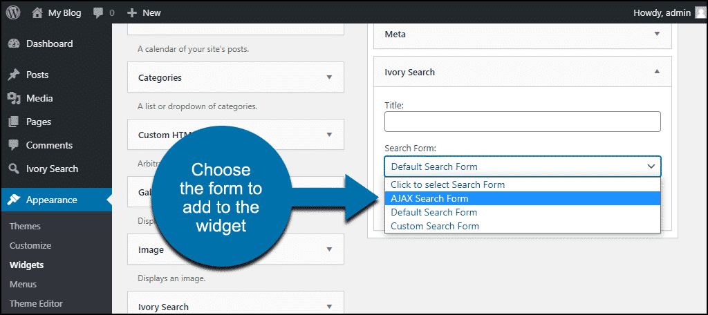 Ivory Search WordPress plugin choose search form