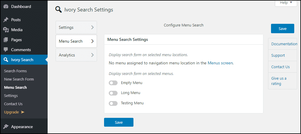 Ivory Search WordPress plugin menu settings