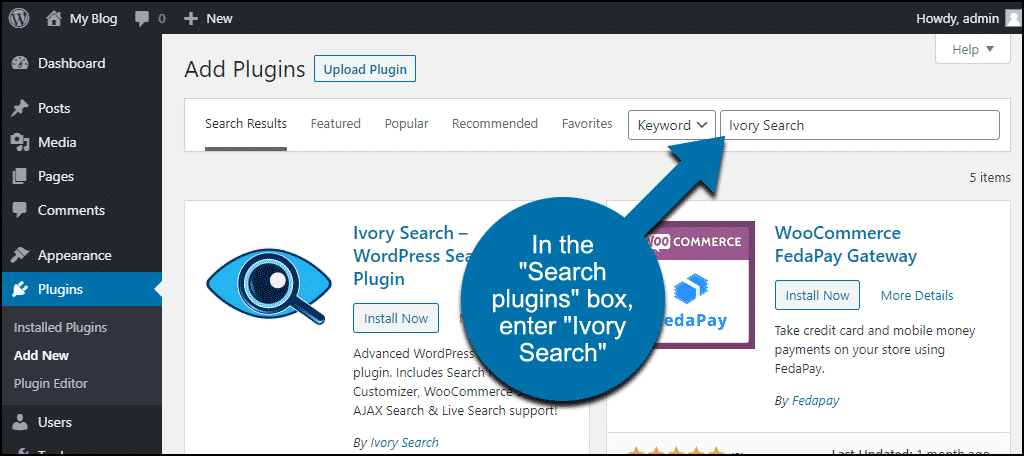 search for the WordPress Ivory Search plugin