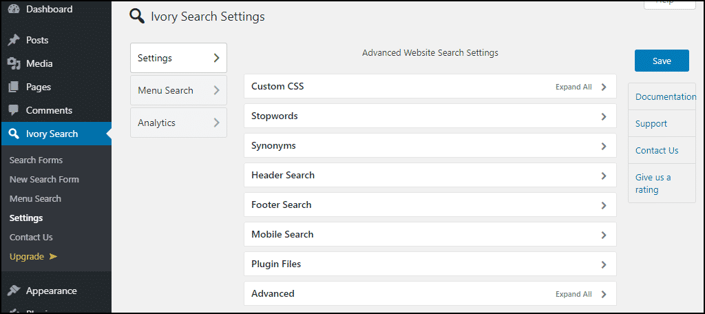 Configuración global del complemento de WordPress de Ivory Search