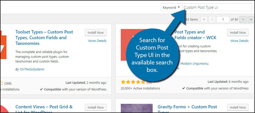 Search for Custom Post Type UI in the available search box.