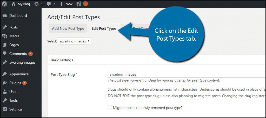 Click on the Edit Post Types tab.