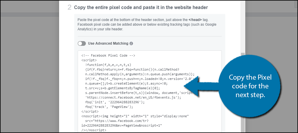 Copy the Pixel code for the next step.