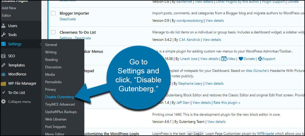 Disable Gutenberg Settings