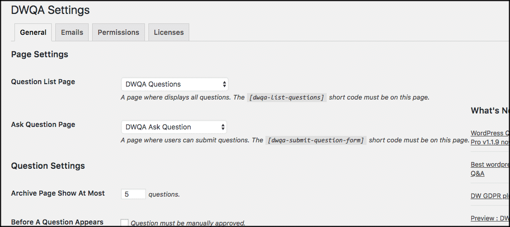 Question and answers general settings setup