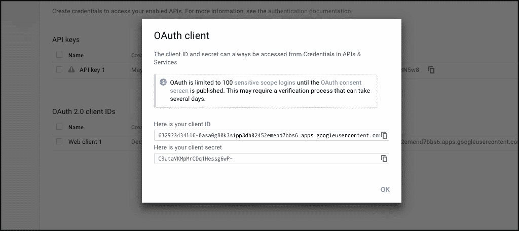 Oauth client popup box for google one click