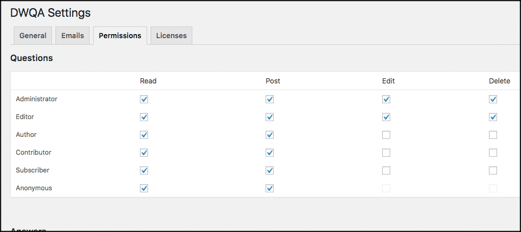 Set permission settings for question and answers plugin