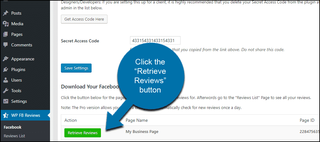 WordPress Facebook reviews retrieve reviews