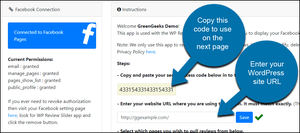 WordPress Facebook reviews how to get access code and enter site URL