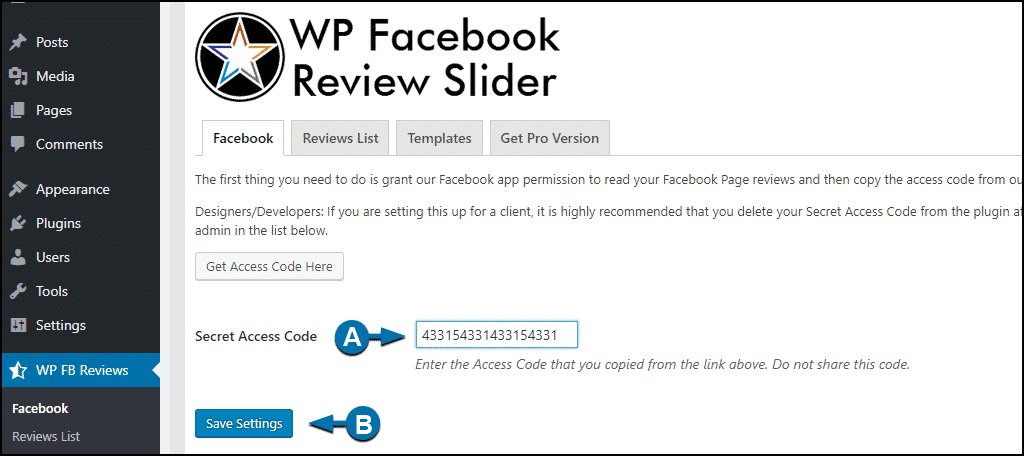 WordPress Facebook reviews how to enter access code