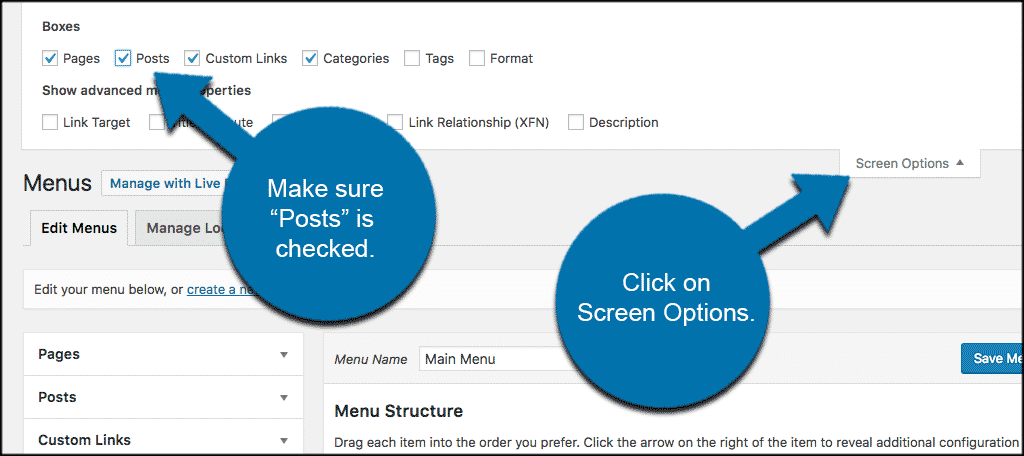 Click on screen options to access the posts box and add it to wordpress menu