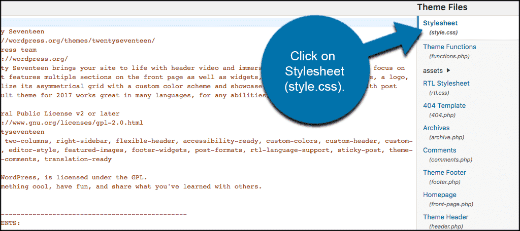 Click on stylesheet (style.css) to add custom css