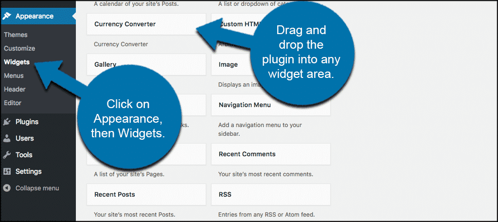 Drag and drop the currency converter into any widget area