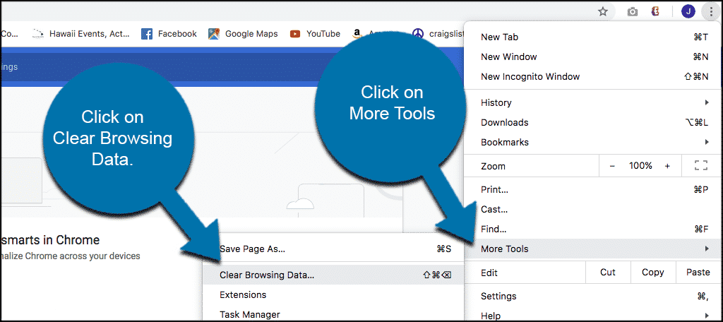 Click on three dots then click on more tools and clear browsing data to clear Chrome cache on Mac