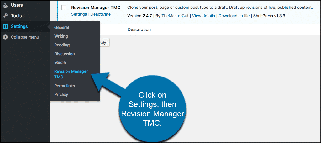 Haga clic en configuración y luego en administrador de revisiones tmc