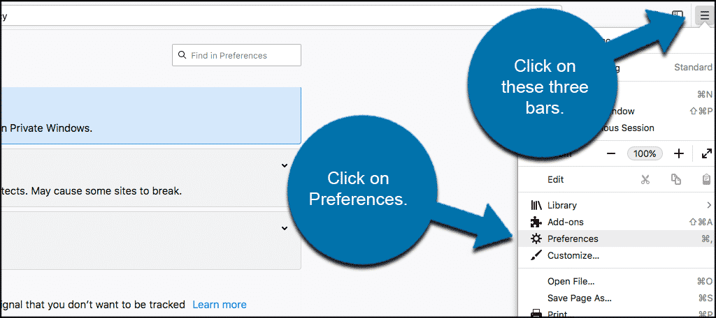 Click on the three bars and then click preferences to clear Firefox browser cache