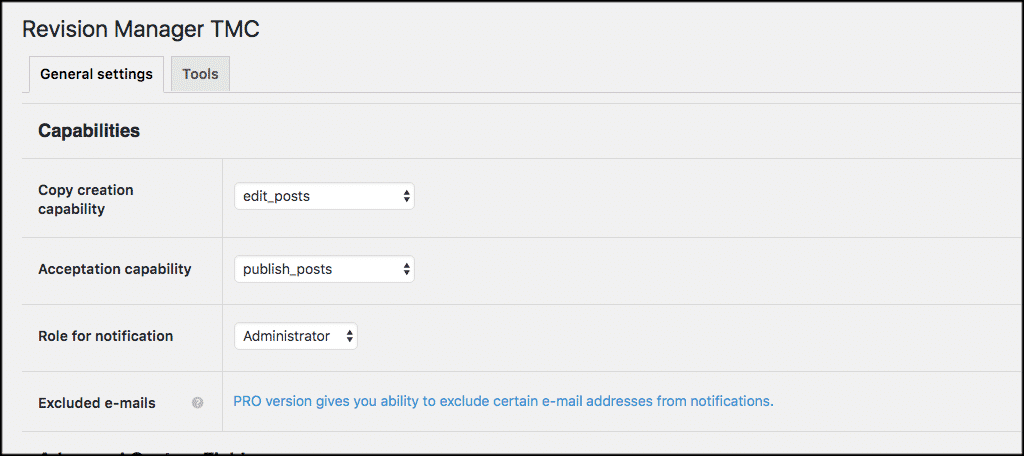 Revision manager tmc capability settings