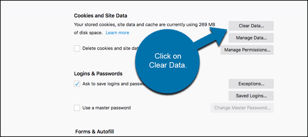 Clear data to clear Firefox browser cache