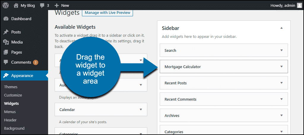 drag the mortgage calculator widget to widget area