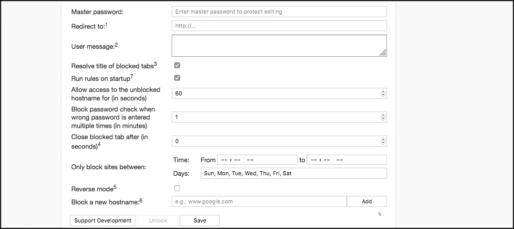 The block site preferences page