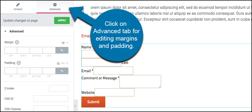 Click on Advanced tab for editing margins and padding