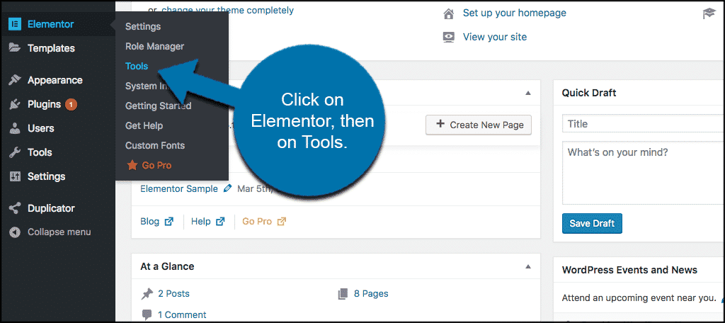 Click on elementor, then tools