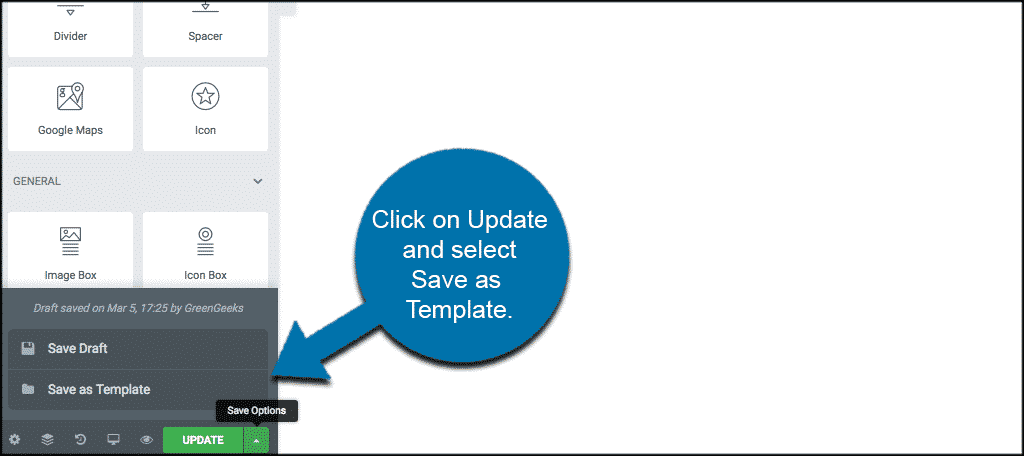 Click on Update and select Save as Template to duplicate pages in elementor