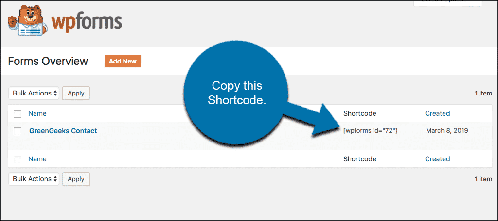 Copy the form shortcode