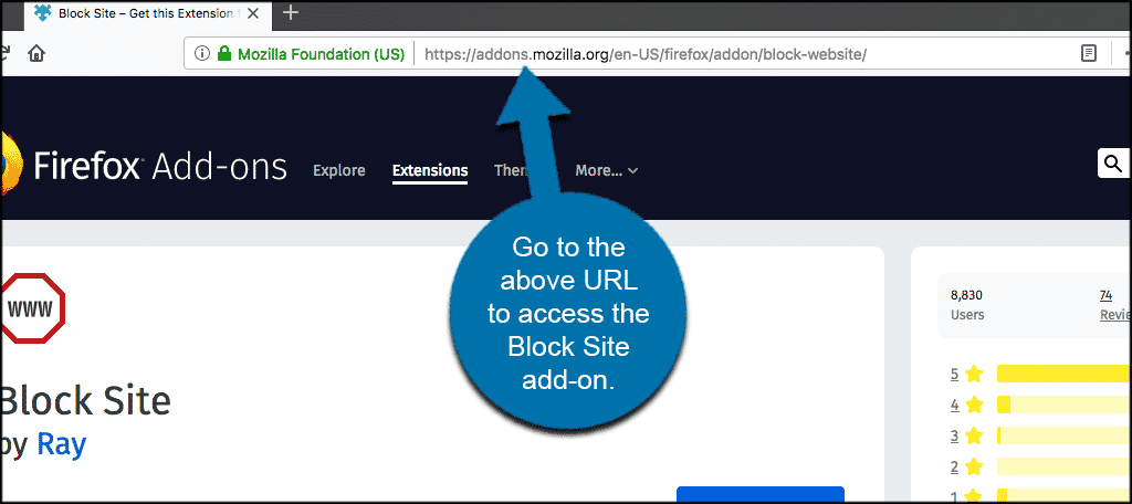 Type in the block site url to access the add on