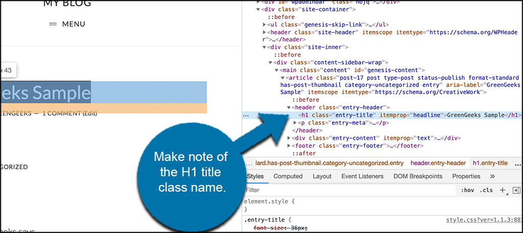 Make note of H1 title class name