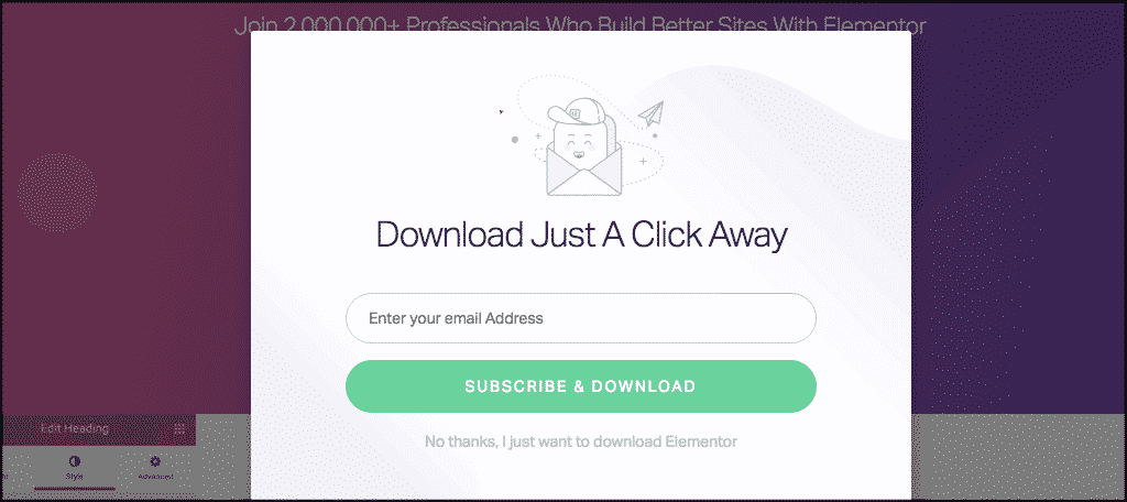 A pop up email box for elementor will show