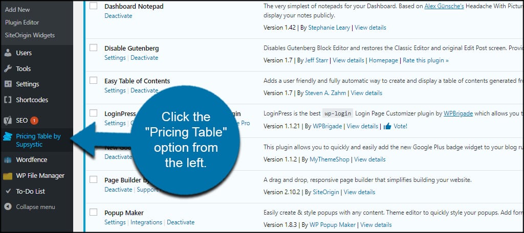 Pricing Table Option