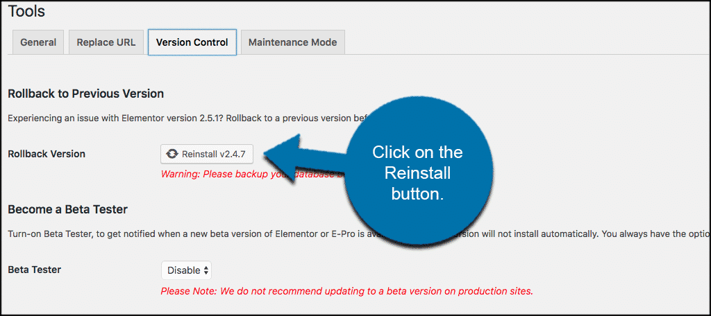 Click on the reinstall button to roll back elementor version