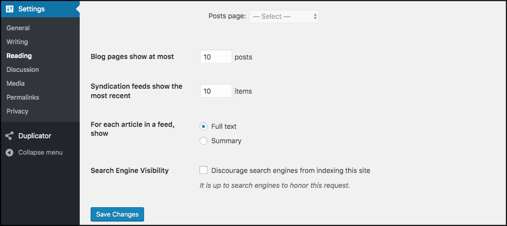 Find the search engine visibility field