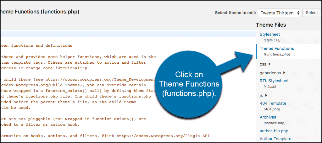 Click on the theme functions functions php tab to access file