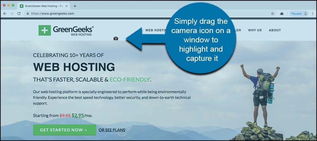 Simply drag the camera icon on a window to highlight and capture it