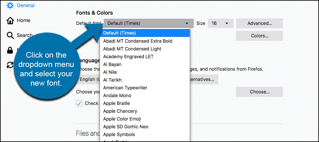 Topic: the defaults for Firefox, General, Language & Appearance, Fonts