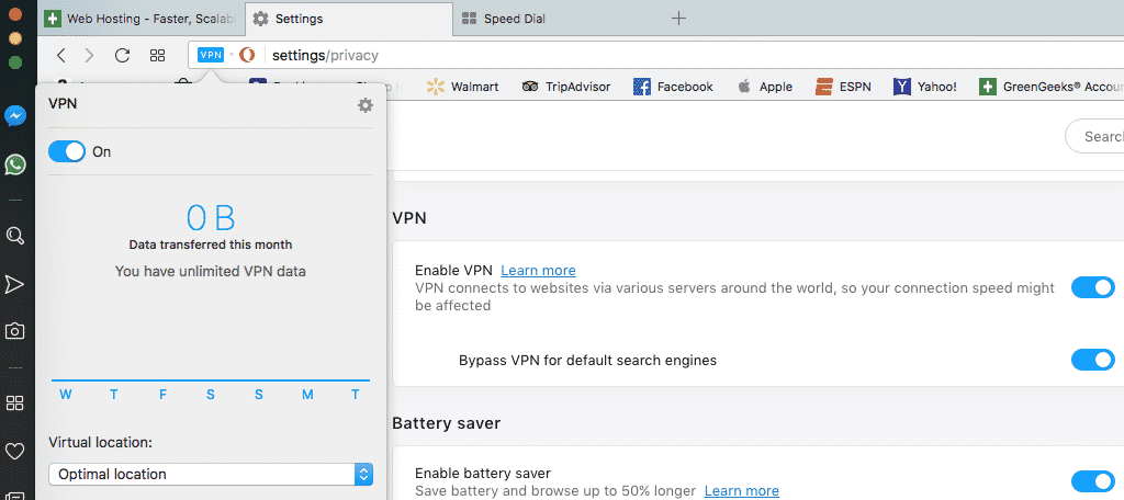 Click the blue vpn badge in the address bar to use opera vpn when you want
