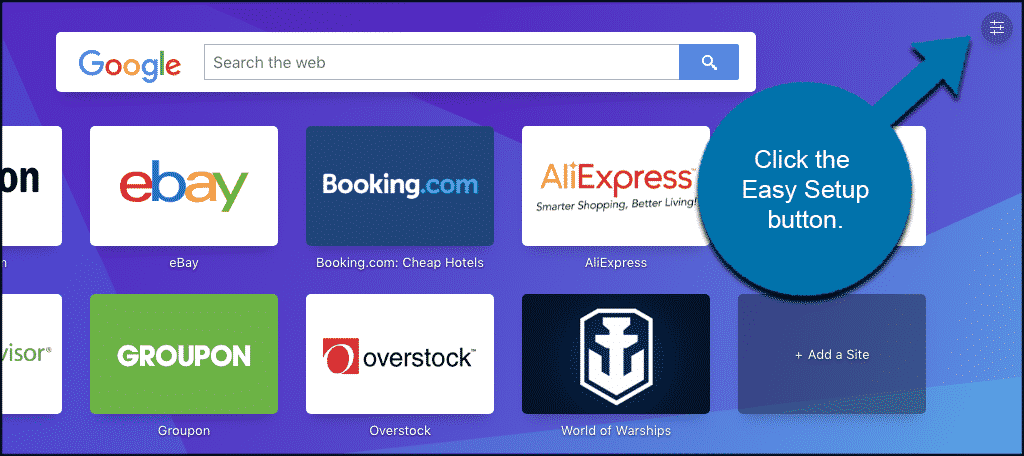 Click the easy setup button on opera homepage