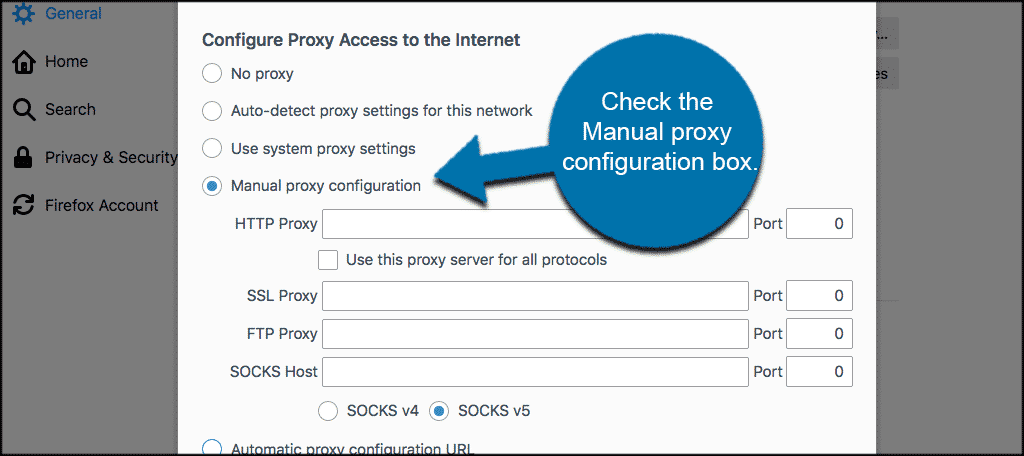 Check the manual proxy configuration box
