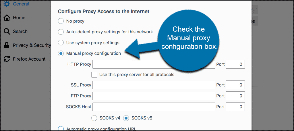 Connection settings in Firefox