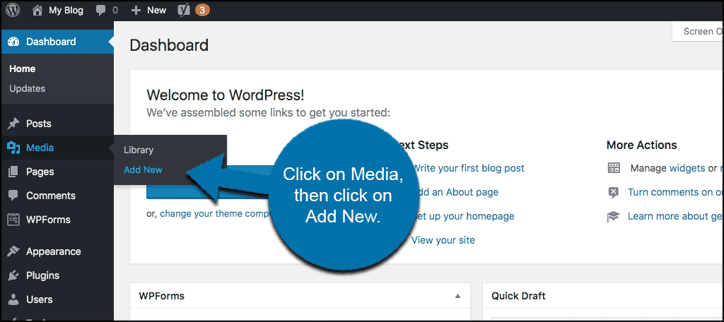 Click on media then click on add new in wordpress admin dashboard