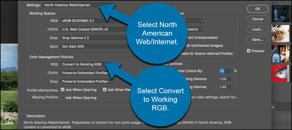 Make your selections in the color settings dialog box