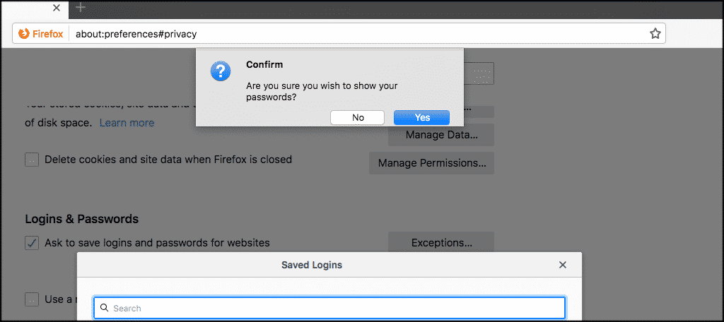 Click on confirm show passwords to see all firefox passwords
