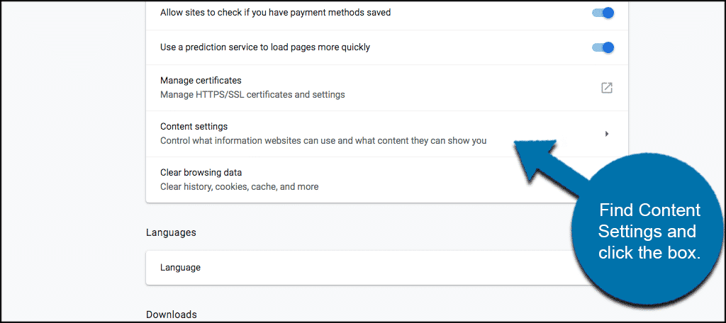 Find content settings and click the box